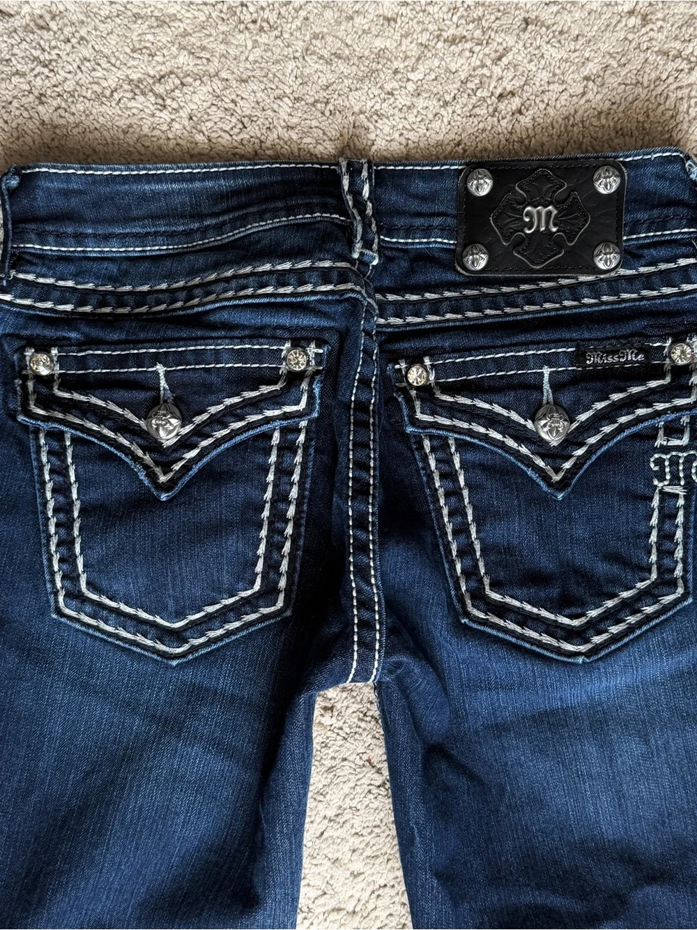 Miss Me Blue Jeans size 28 Skinny Embellished Rhinestones Pockets Thick Stitch